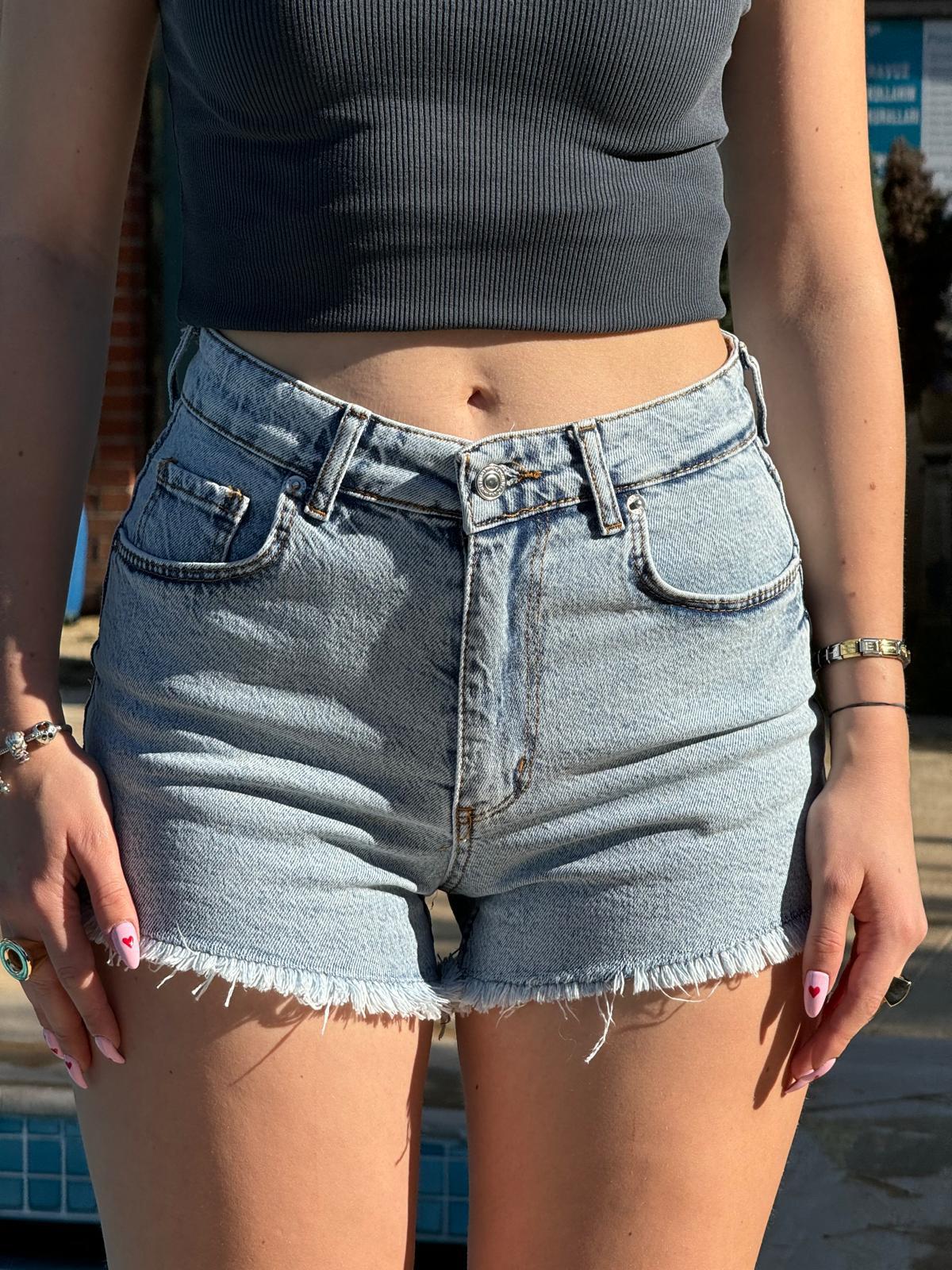 Paçası Püsküllü Kot Şort 28708 Mavi