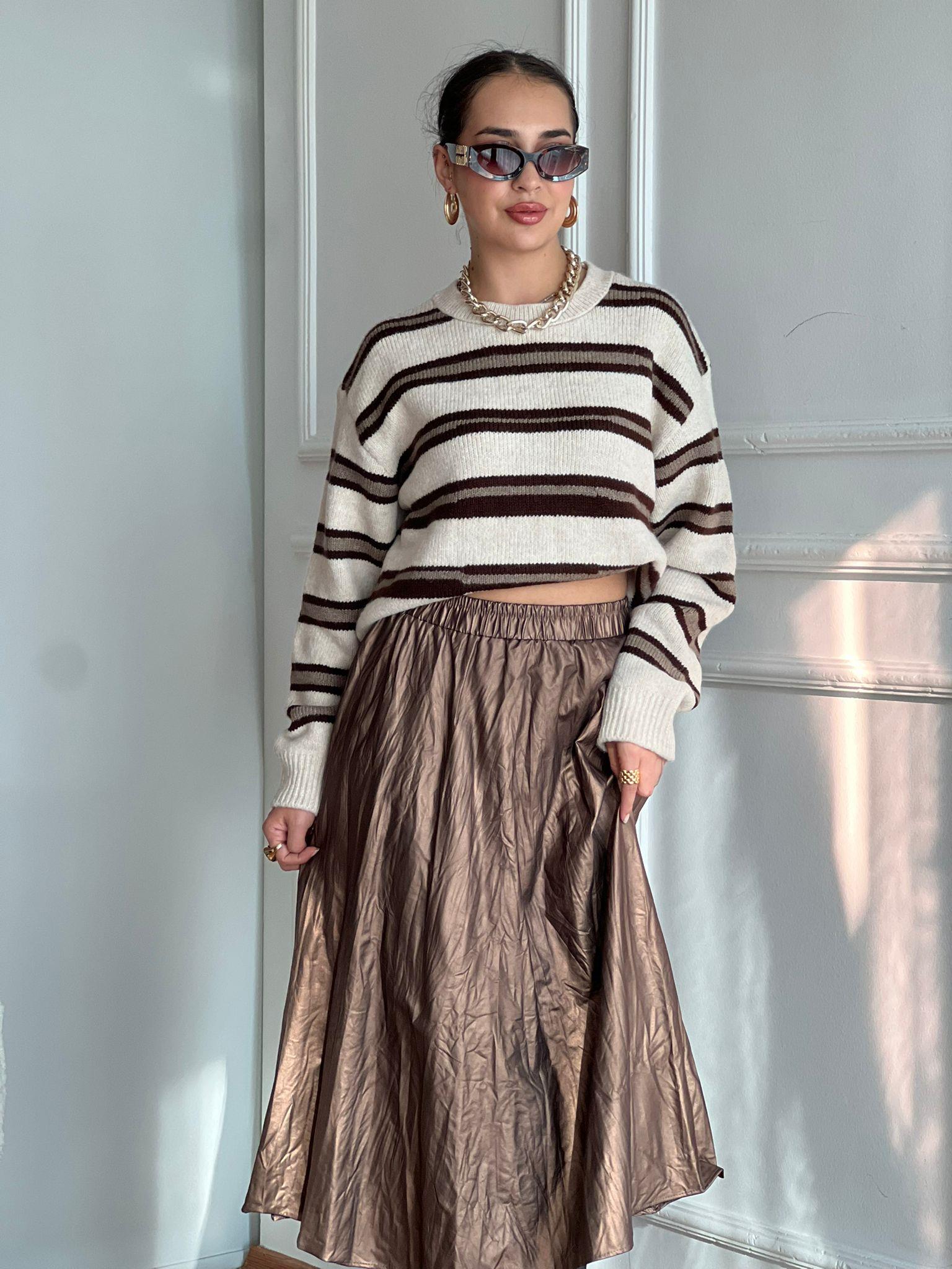 Parlak Kraşlı Etek 01173 Kahverengi