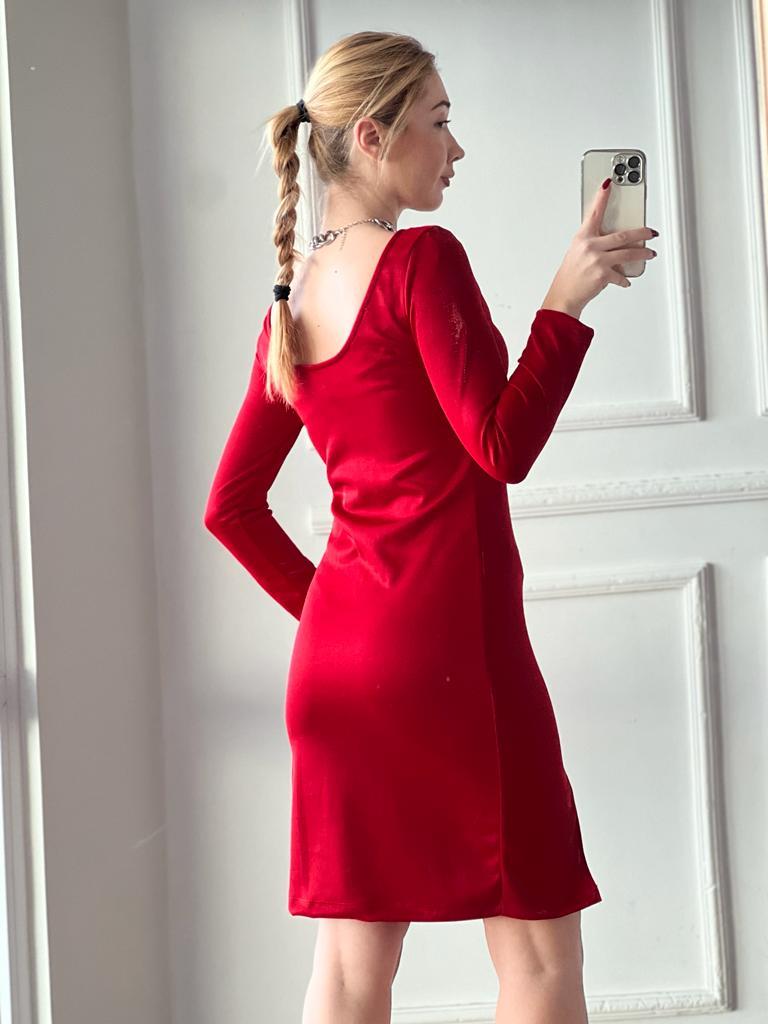 Parlak Kumaş Yırtmaç Detaylı Elbise 272107 Kırmızı