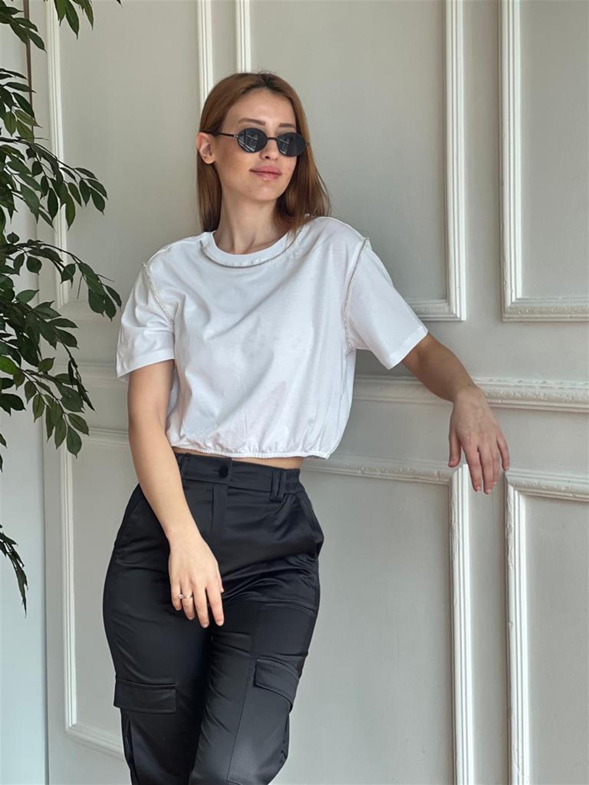 Parlak Taşlı Pamuk Tshirt 30186 Ekru
