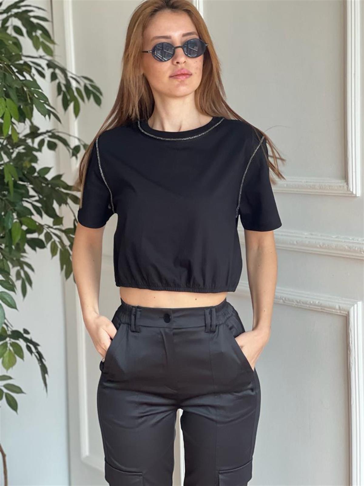 Parlak Taşlı Pamuk Tshirt 30186 Siyah
