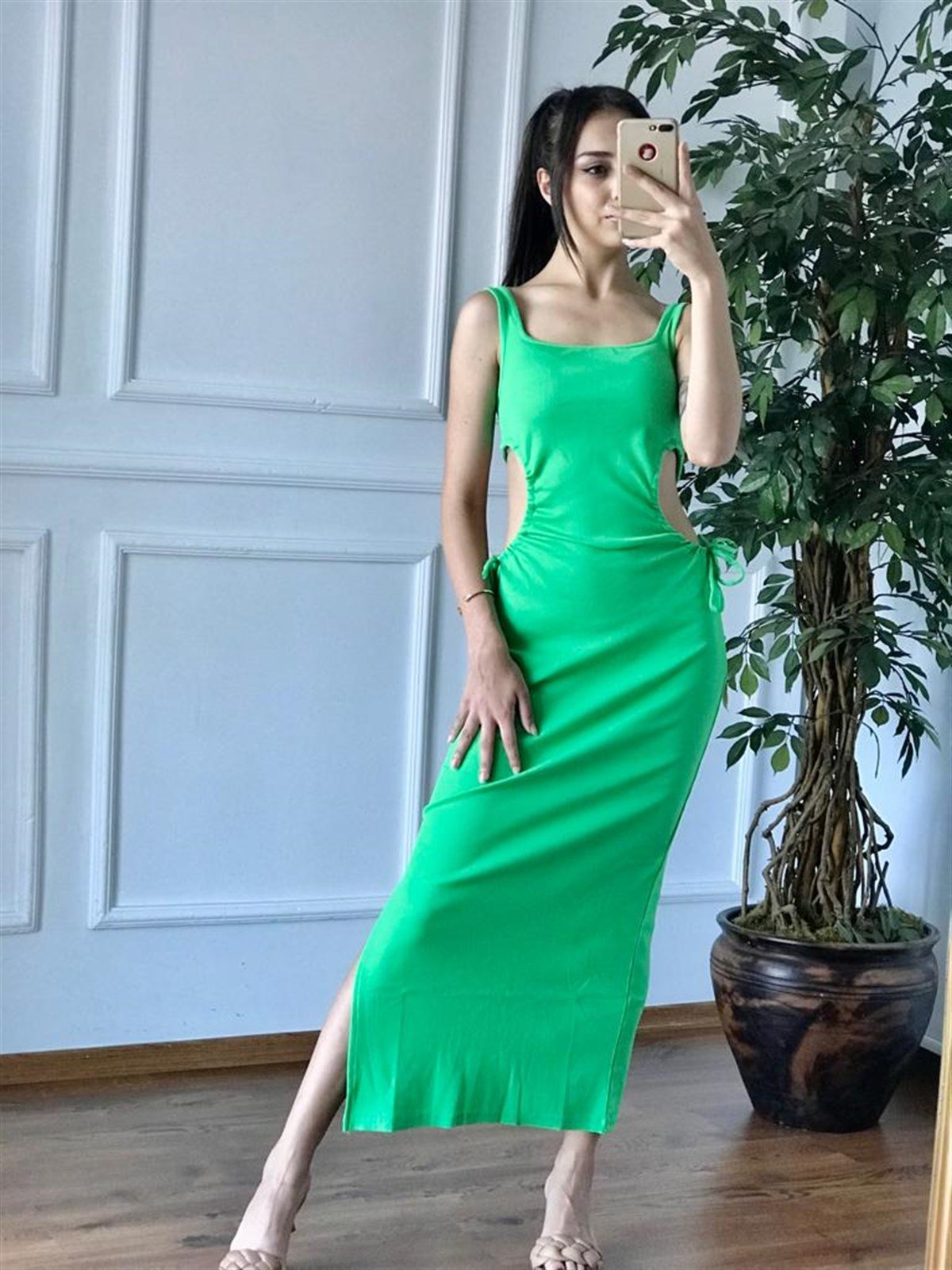 Pencere Detaylı Uzun Elbise 9094 Yeşil