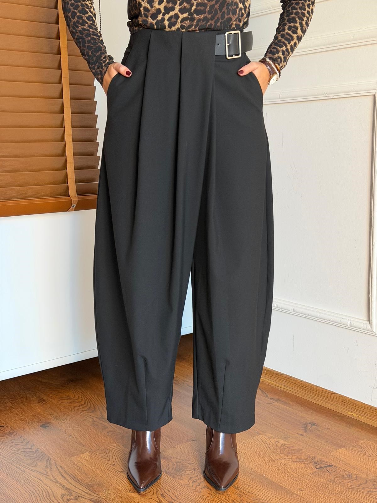Pileli Kemerli Pantolon 5195 Siyah