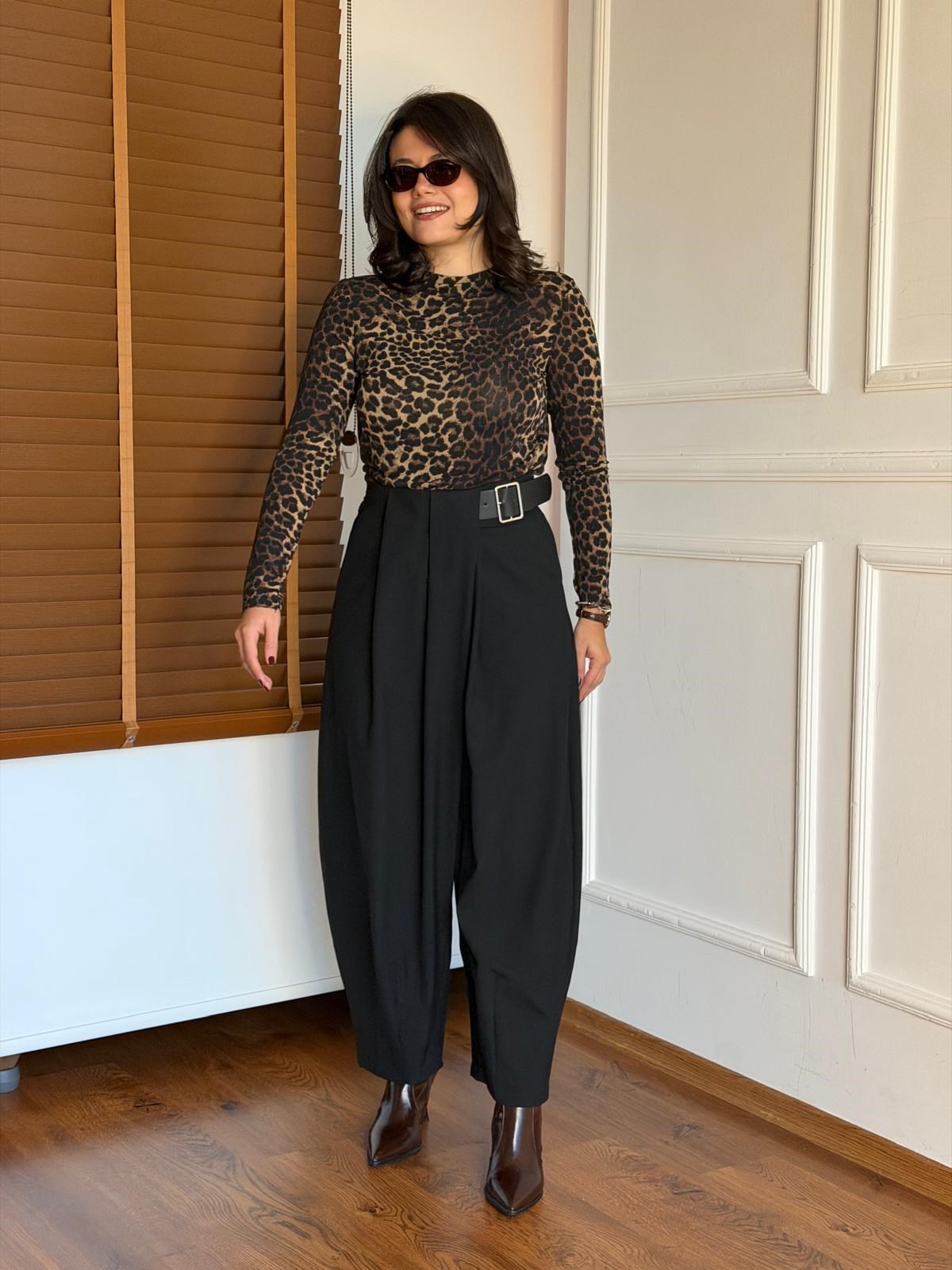 Pileli Kemerli Pantolon 5195 Siyah