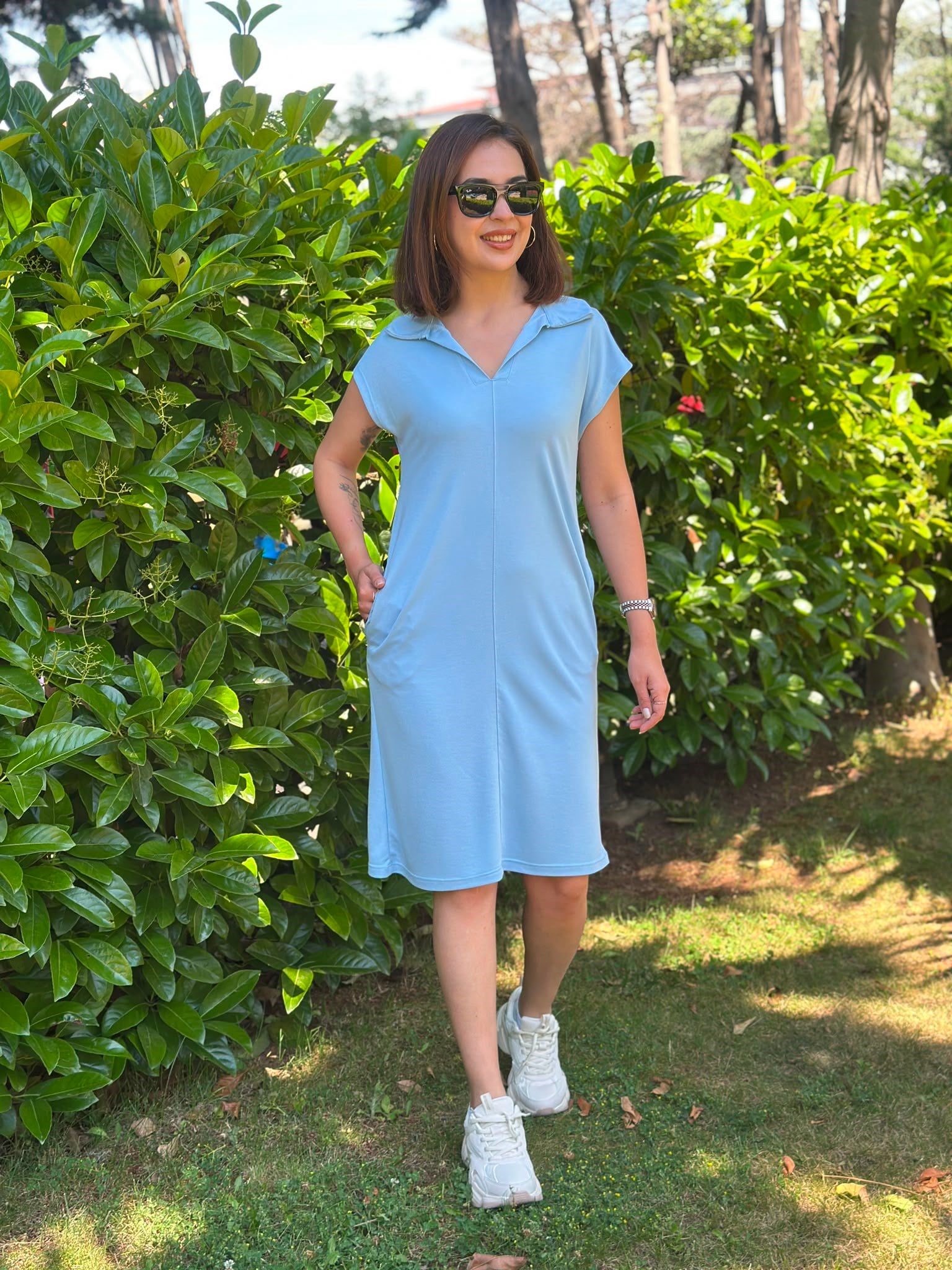 Polo Yaka Cepli Kısa Elbise 2437 Bebe Mavisi