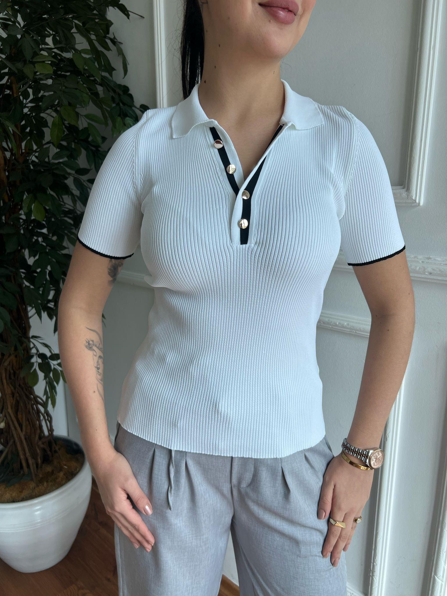 Polo Yaka Düğmeli Bluz 1358 Beyaz