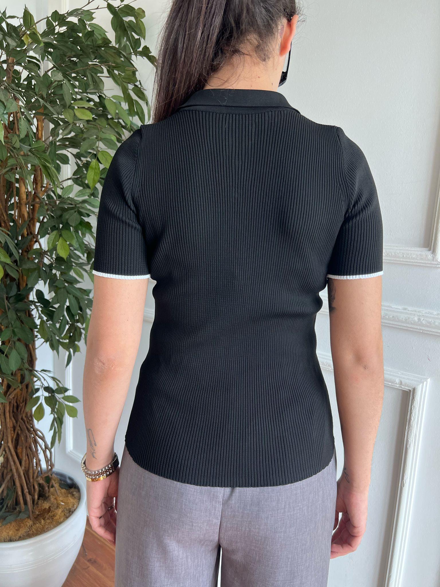 Polo Yaka Düğmeli Bluz 1358 Siyah
