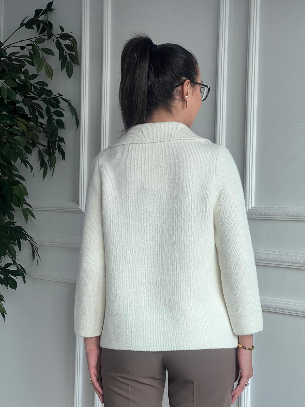 Polo Yaka Düğmeli Cepli Triko Hırka 60921 Ekru