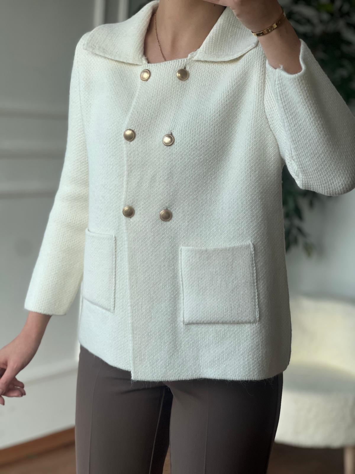 Polo Yaka Düğmeli Cepli Triko Hırka 60921 Ekru