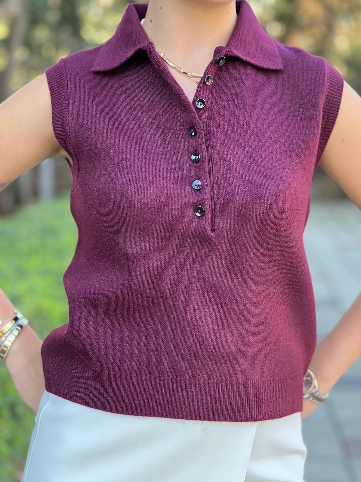 Polo Yaka Düğmeli Kolsuz Triko 251105 Bordo