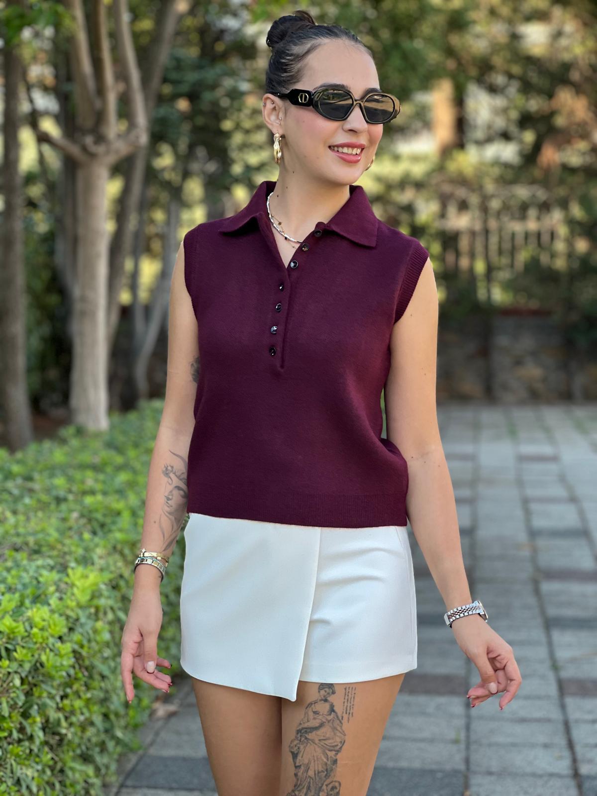 Polo Yaka Düğmeli Kolsuz Triko 251105 Bordo