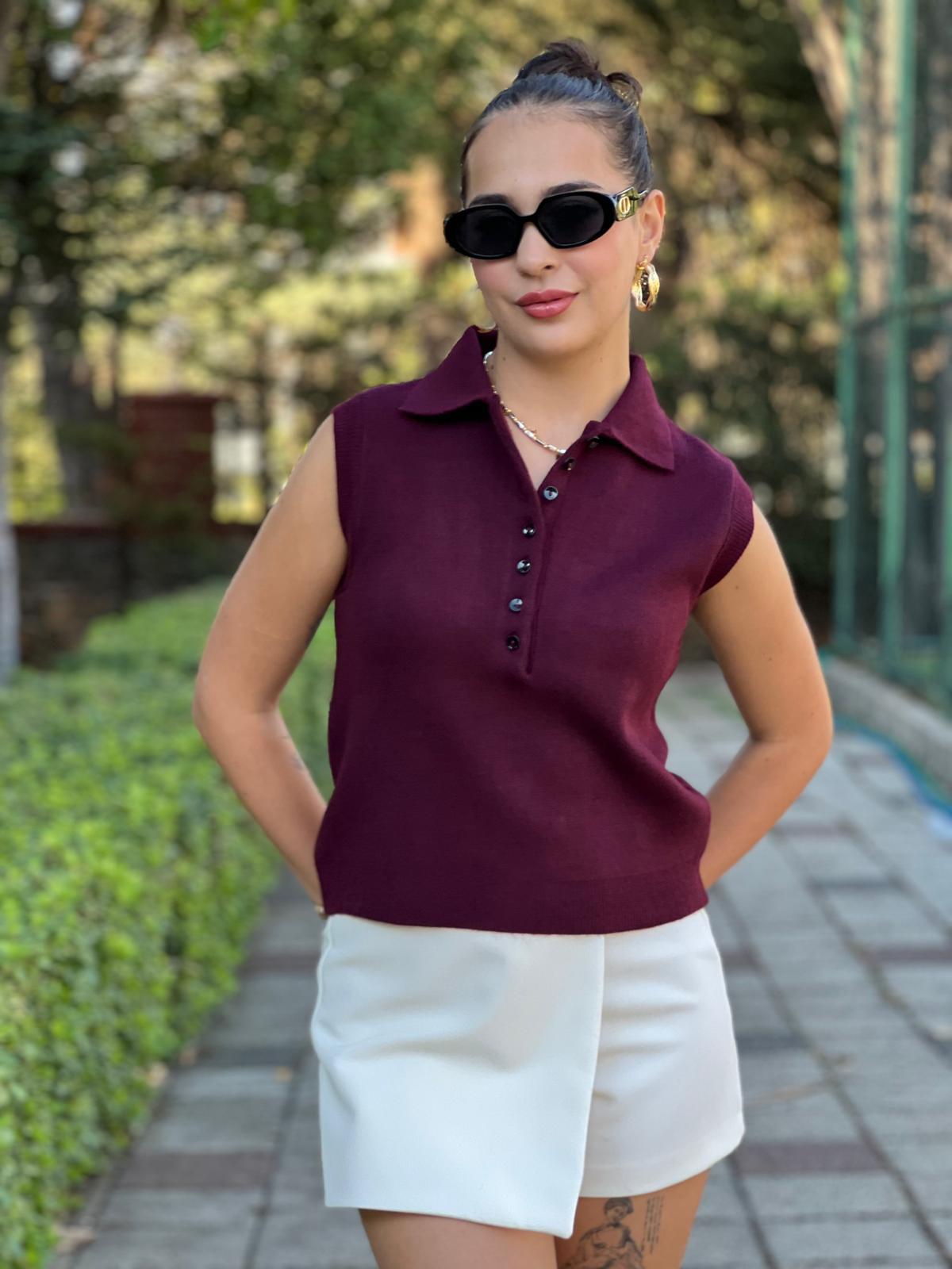 Polo Yaka Düğmeli Kolsuz Triko 251105 Bordo