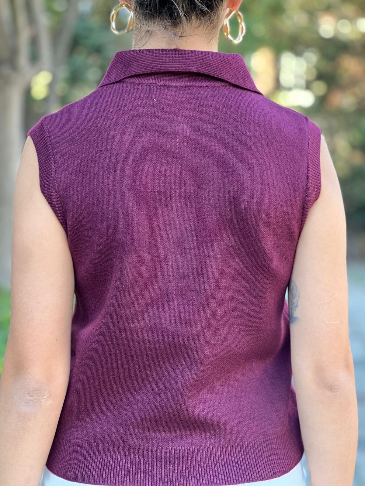 Polo Yaka Düğmeli Kolsuz Triko 251105 Bordo