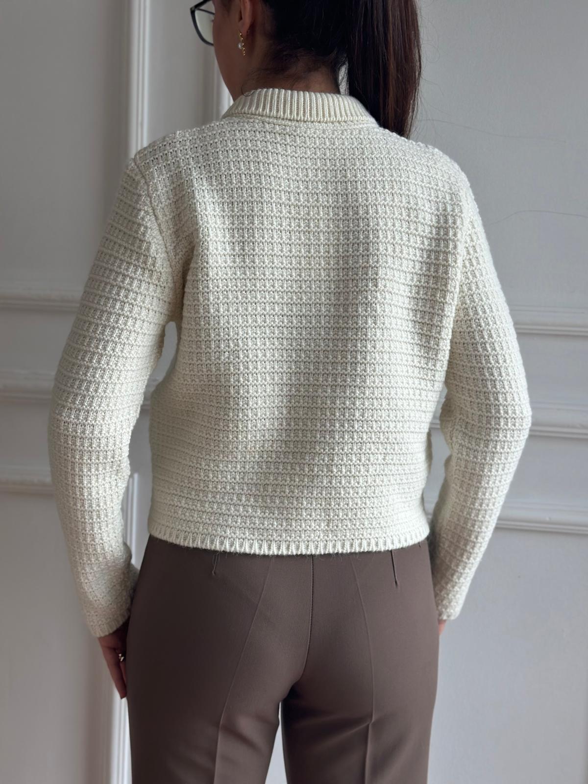 Polo Yaka Düğmeli Triko Hırka 60925 Ekru