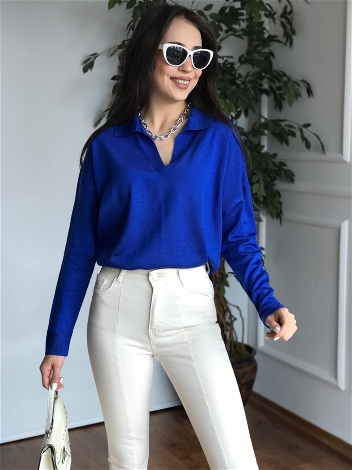 Polo Yaka Triko Bluz 3215 Saks Mavisi