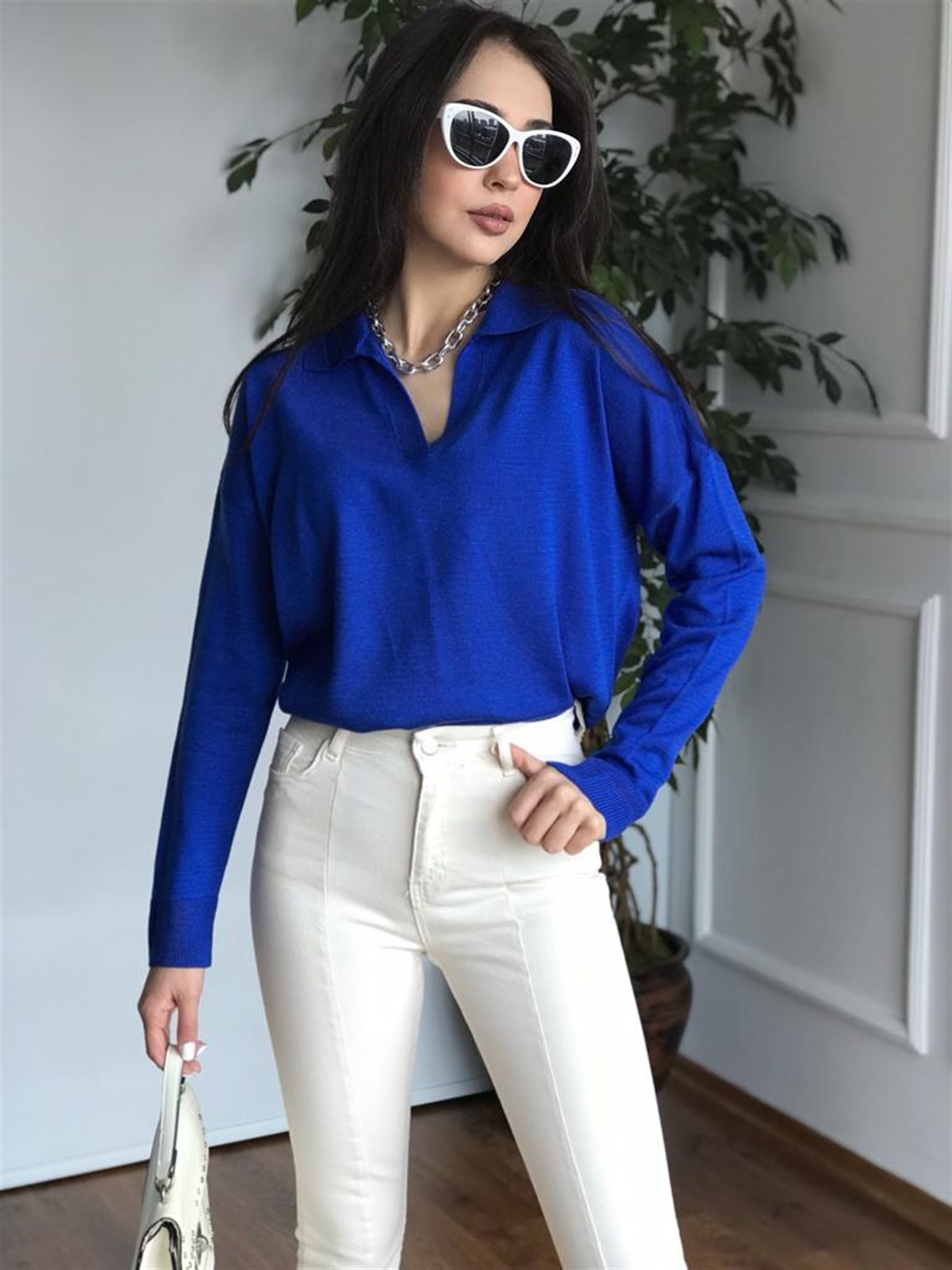 Polo Yaka Triko Bluz 3215 Saks Mavisi