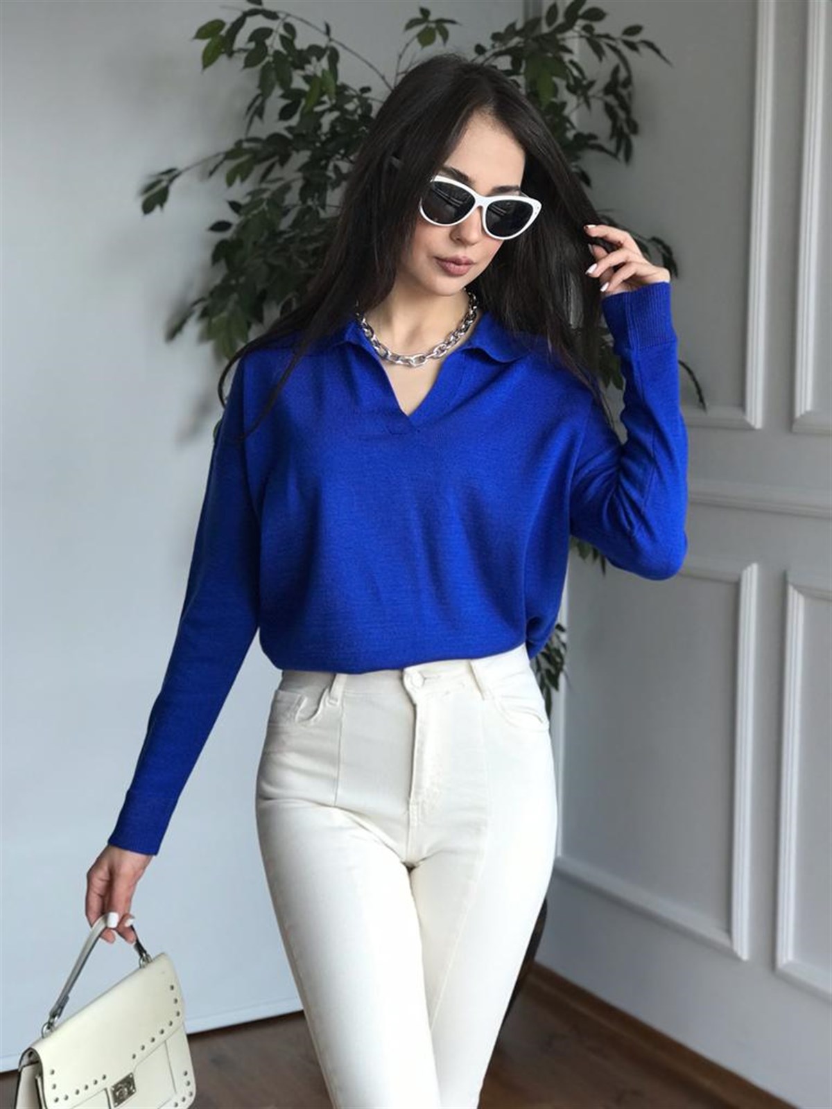 Polo Yaka Triko Bluz 3215 Saks Mavisi
