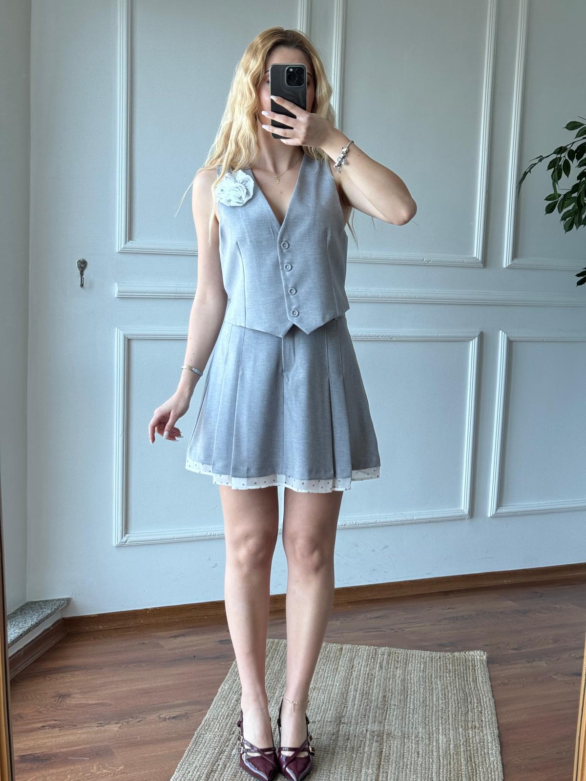 Puantiyeli Şifon Detaylı Etek 24134 Gri