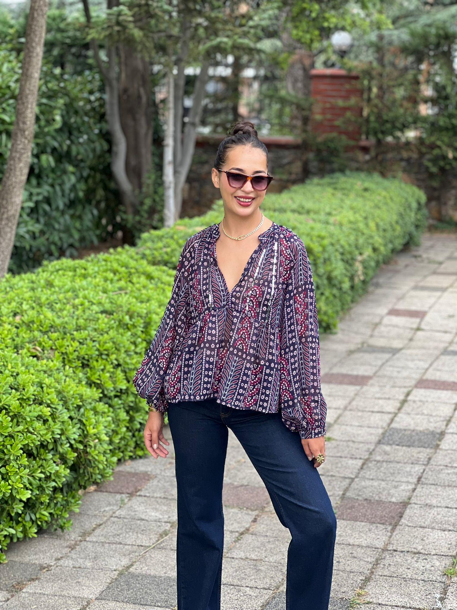 Pullu Desenli Şifon Bluz 2517495 Siyah