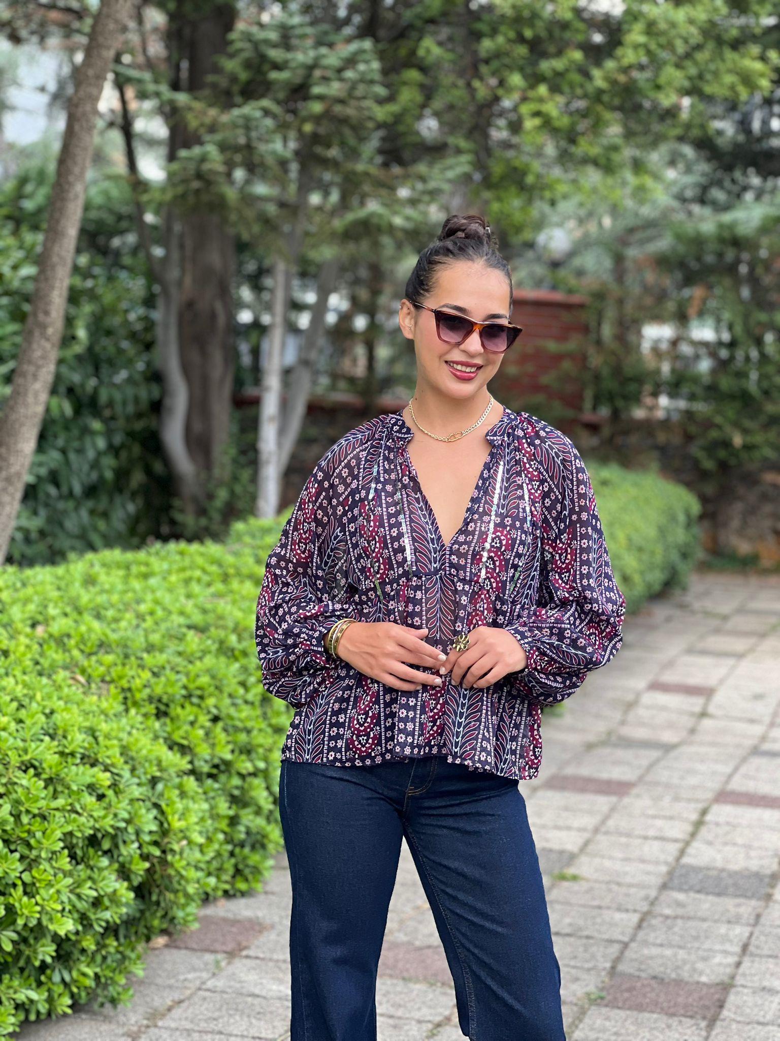 Pullu Desenli Şifon Bluz 2517495 Siyah