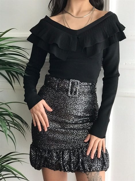 Pullu Volanlı Etek 01910772 Siyah