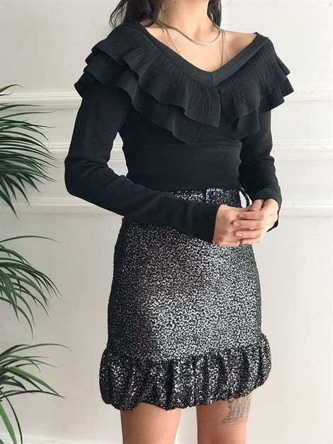 Pullu Volanlı Etek 01910772 Siyah