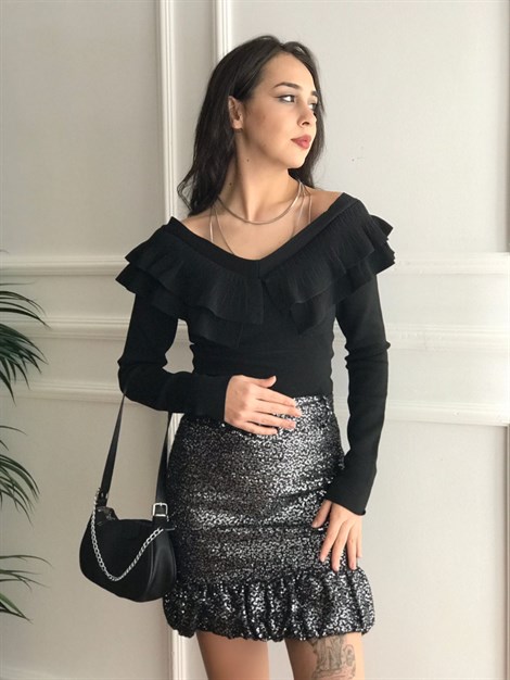 Pullu Volanlı Etek 01910772 Siyah