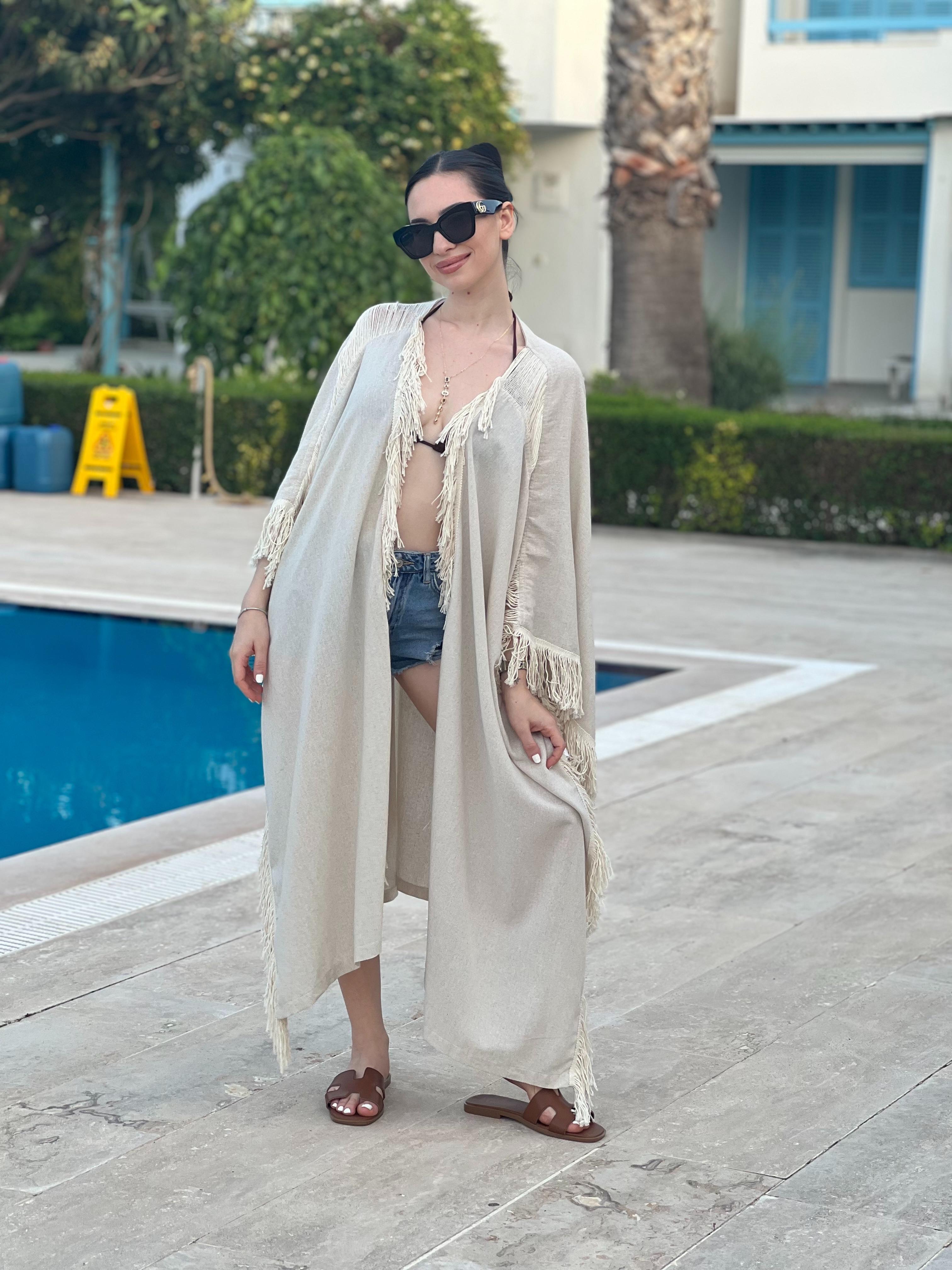 Püsküllü Keten Kimono 252-5003 Bej