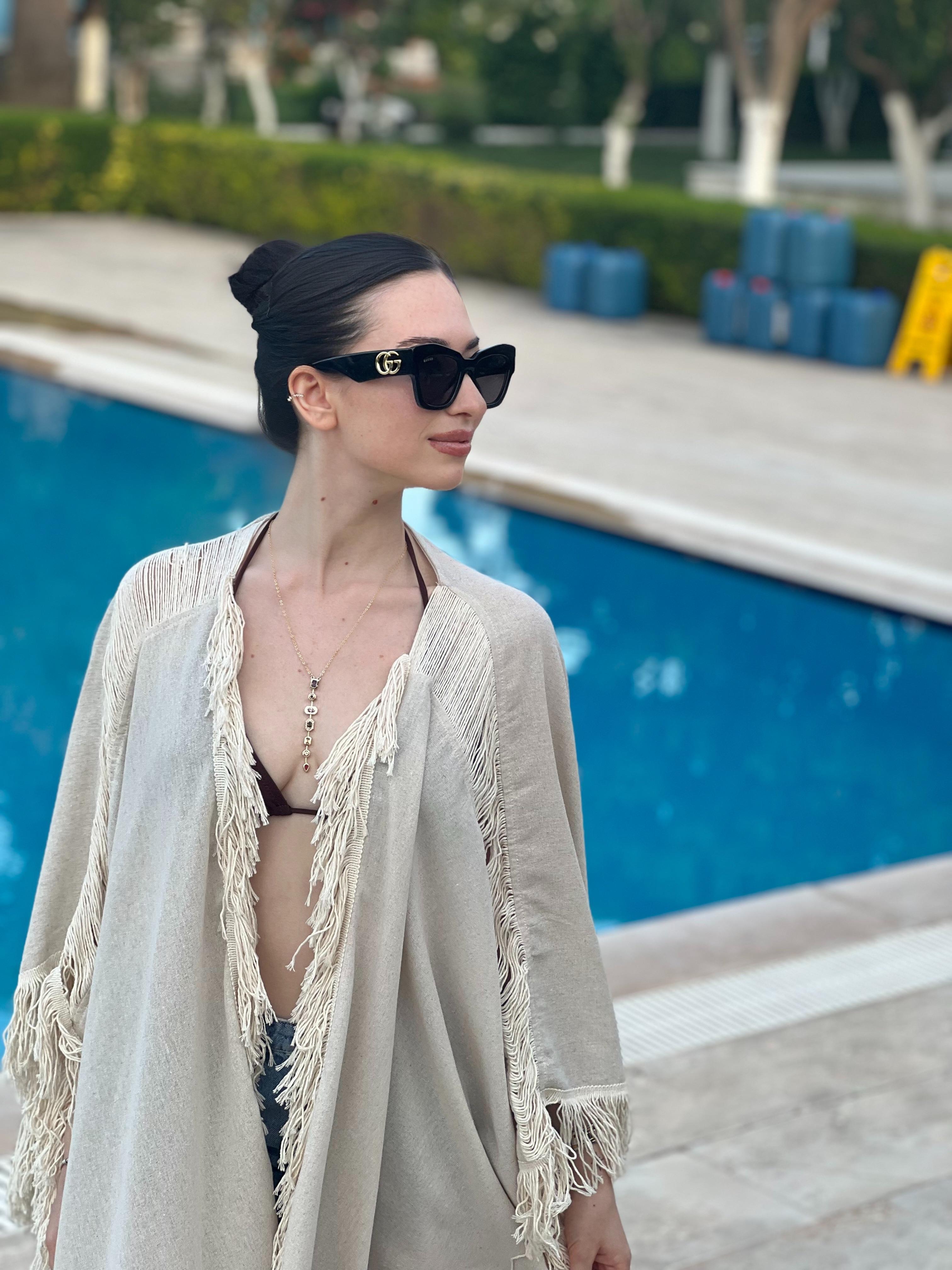 Püsküllü Keten Kimono 252-5003 Bej