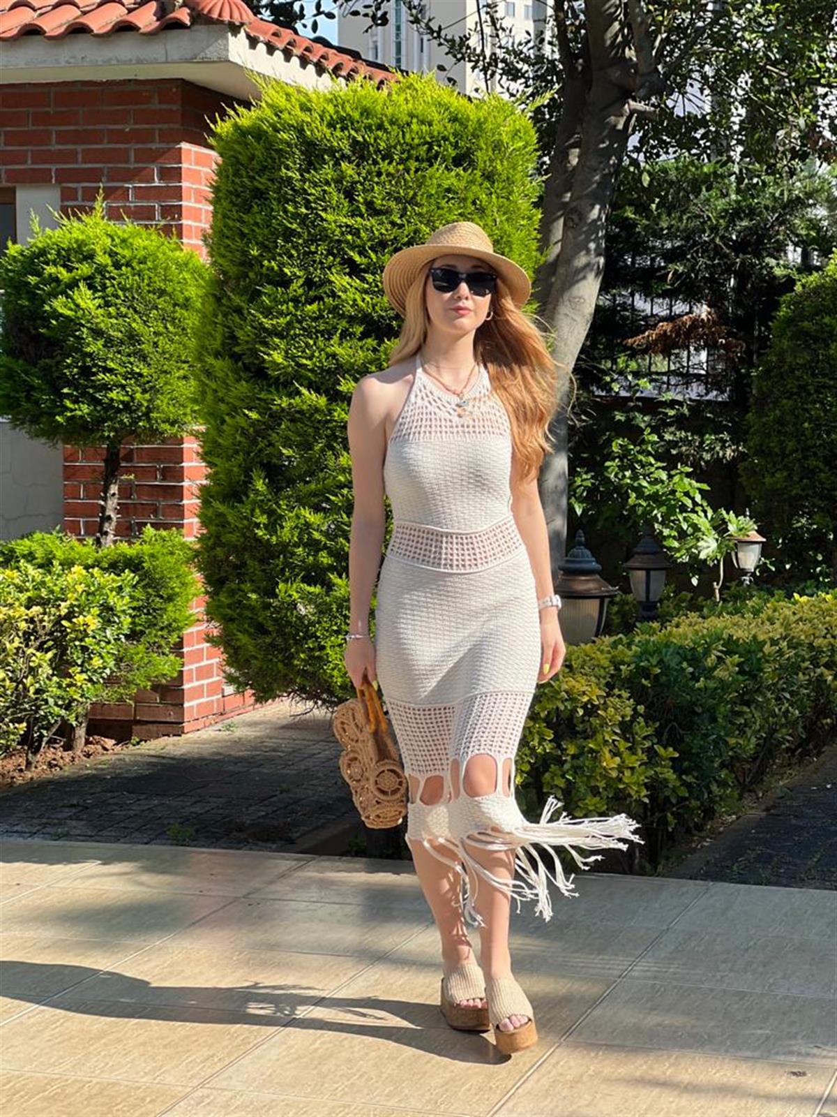 Püsküllü Uzun Elbise 3669 Ekru