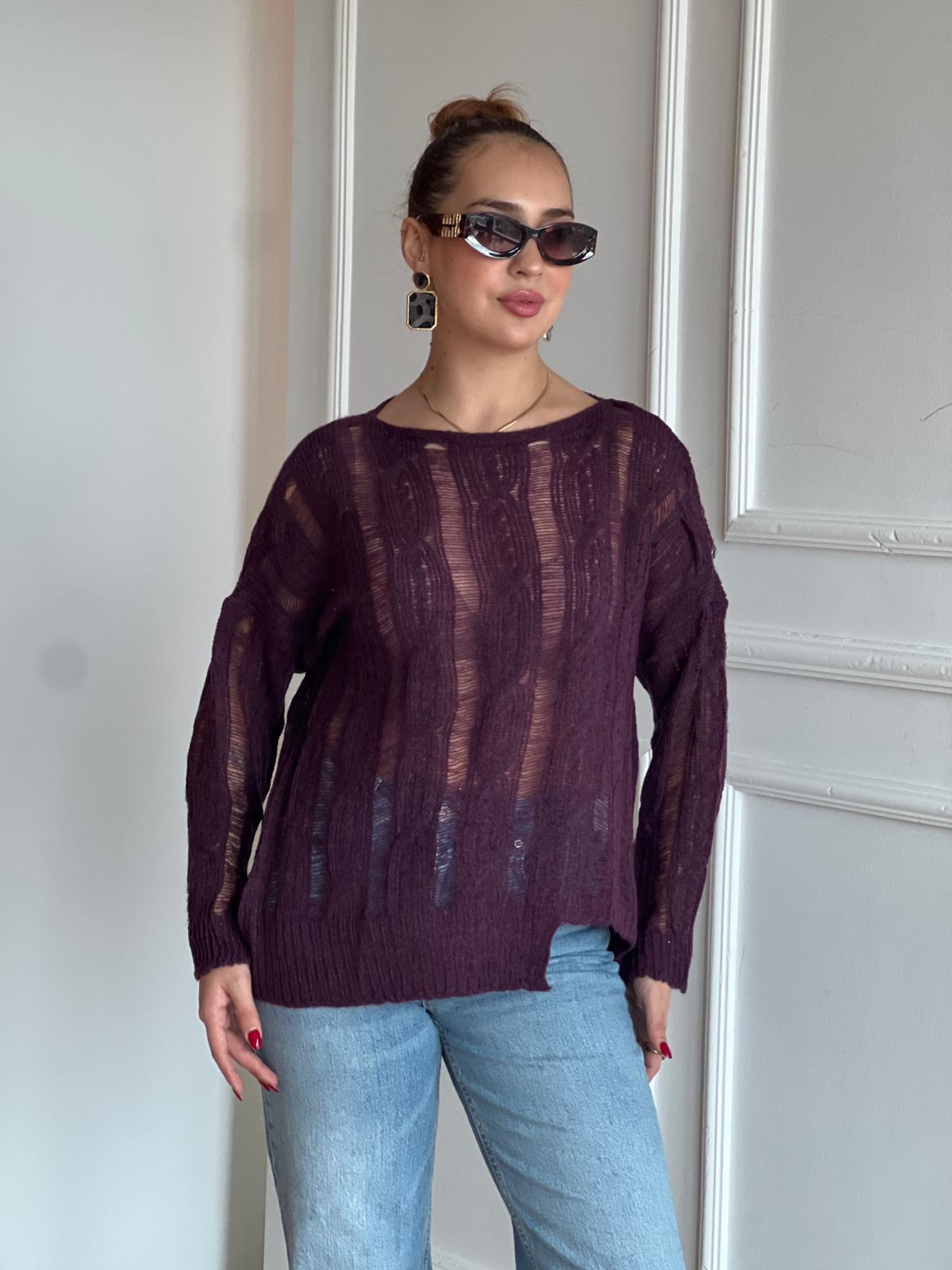 Saç Örgülü Ajurlu Kazak 4134 Mürdüm