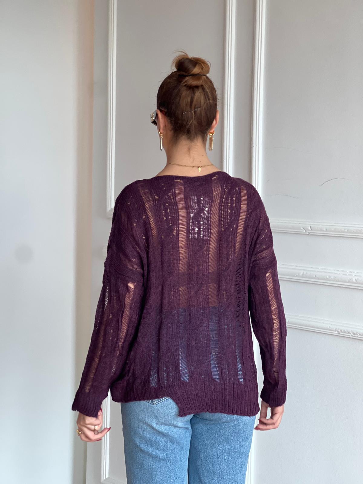 Saç Örgülü Ajurlu Kazak 4134 Mürdüm