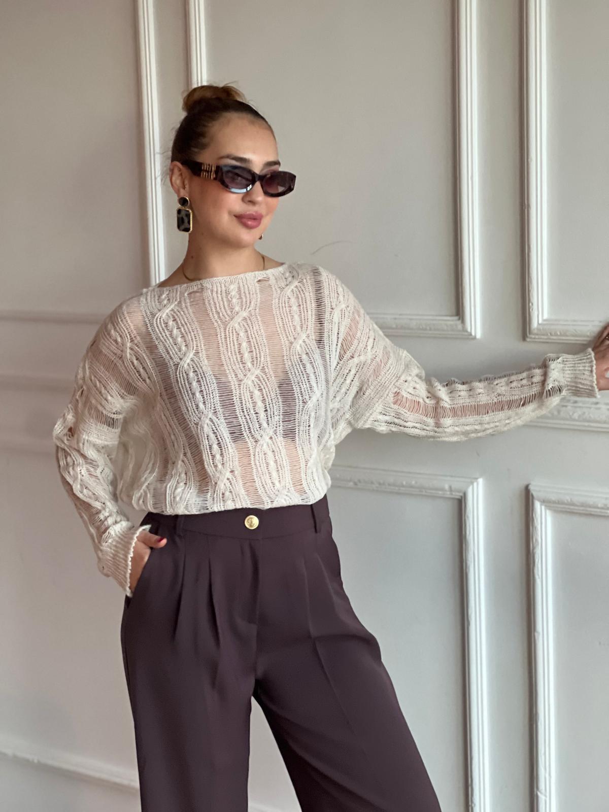 Saç Örgülü Ajurlu Kazak 4134 Taş