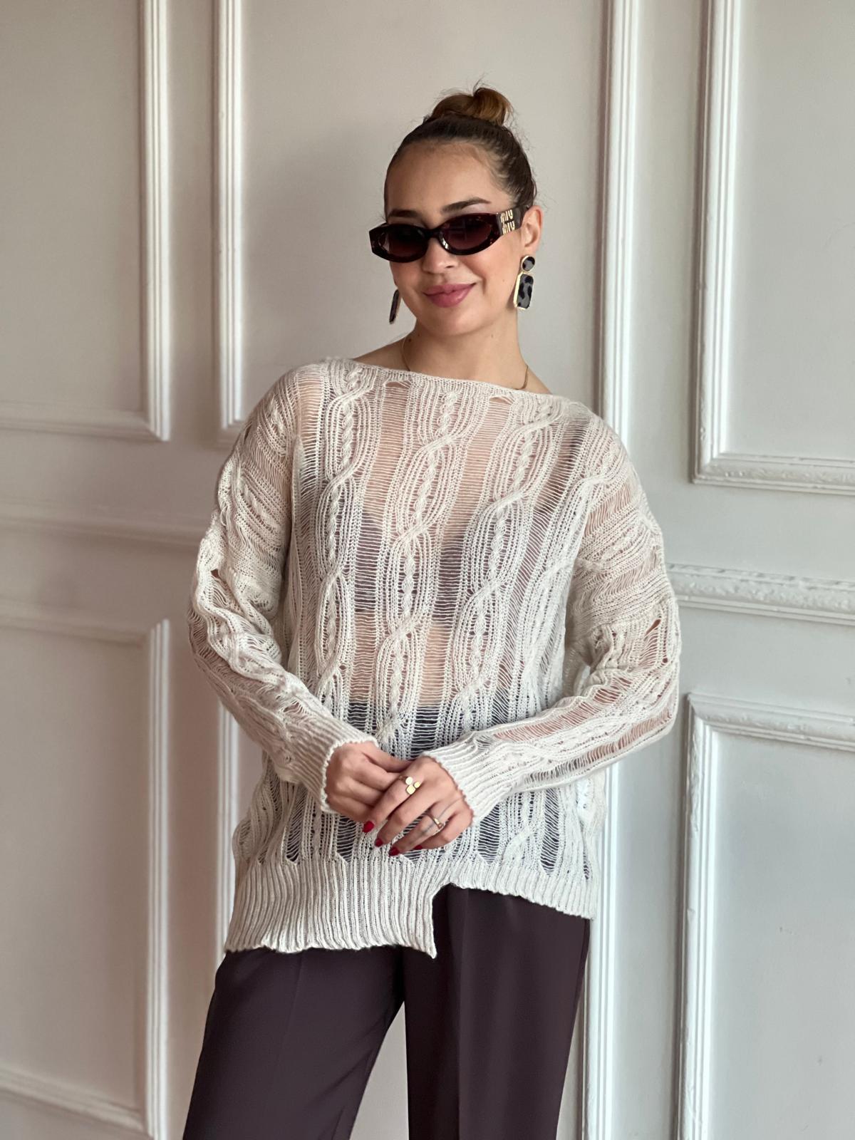 Saç Örgülü Ajurlu Kazak 4134 Taş