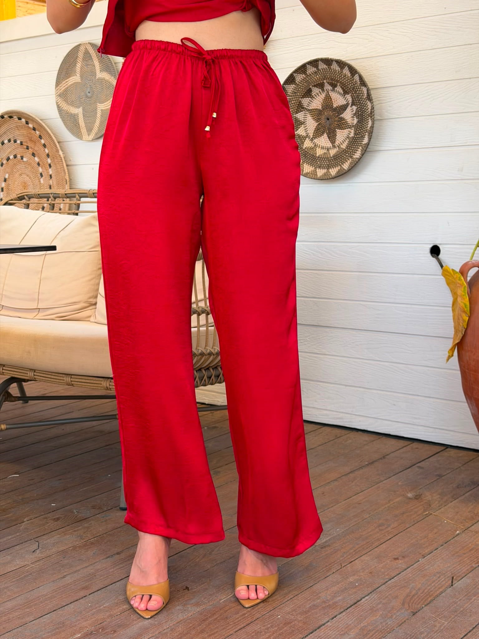 Saten Bluz Pantolon Takım 1440-1476 Kırmızı