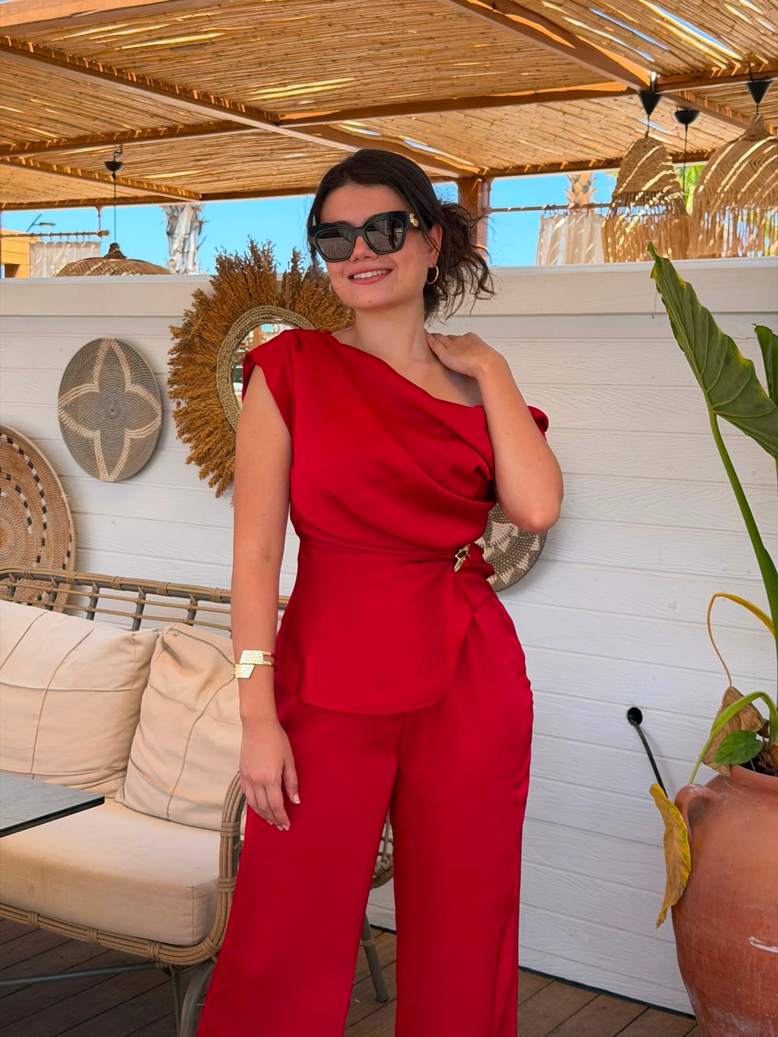 Saten Bluz Pantolon Takım 1440-1476 Kırmızı