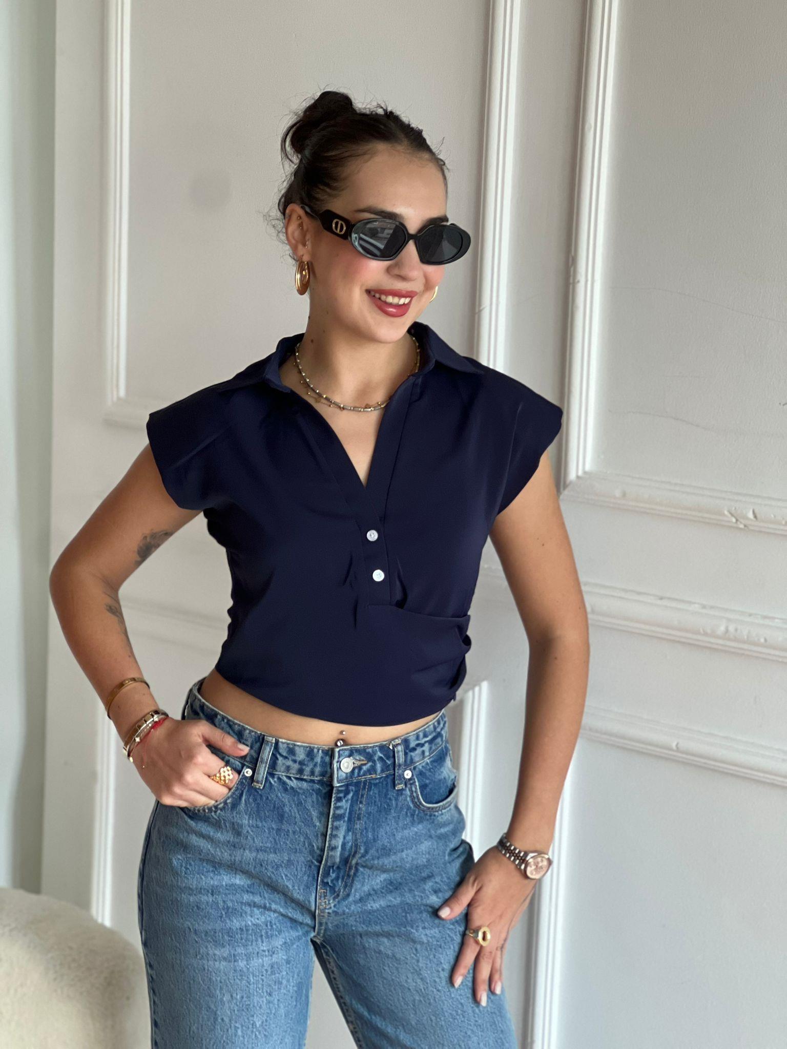 Saten Vatkalı Sıfır Kol Bluz 00244 Lacivert