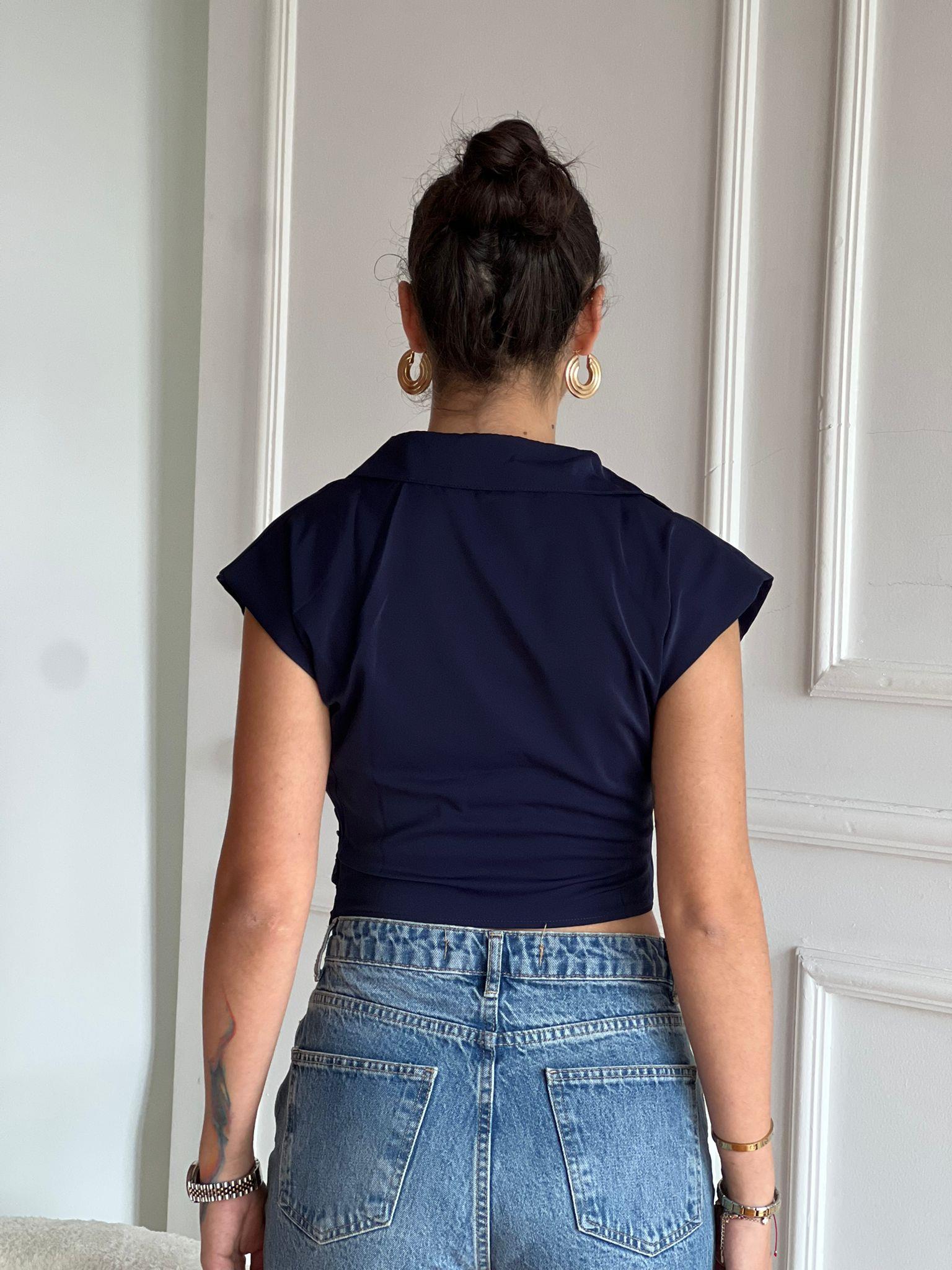 Saten Vatkalı Sıfır Kol Bluz 00244 Lacivert