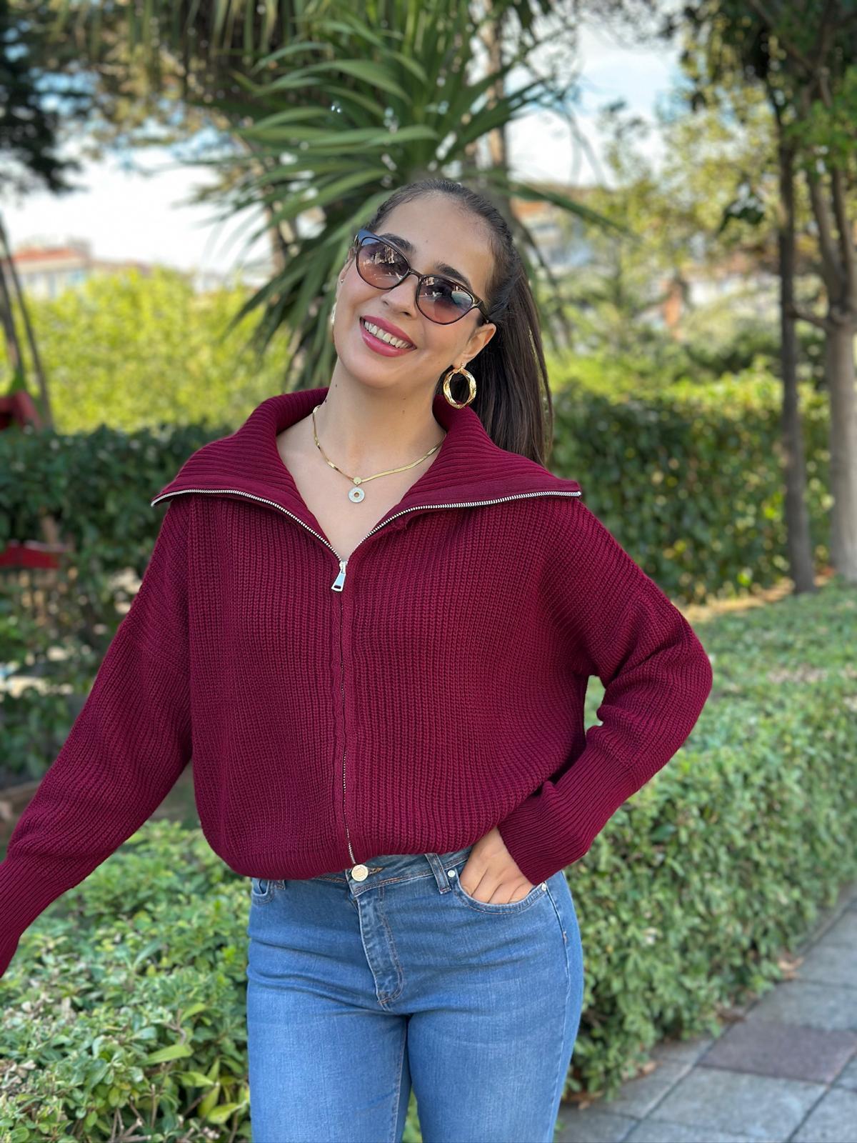 Selanik Fermuarlı Hırka 6624 Bordo