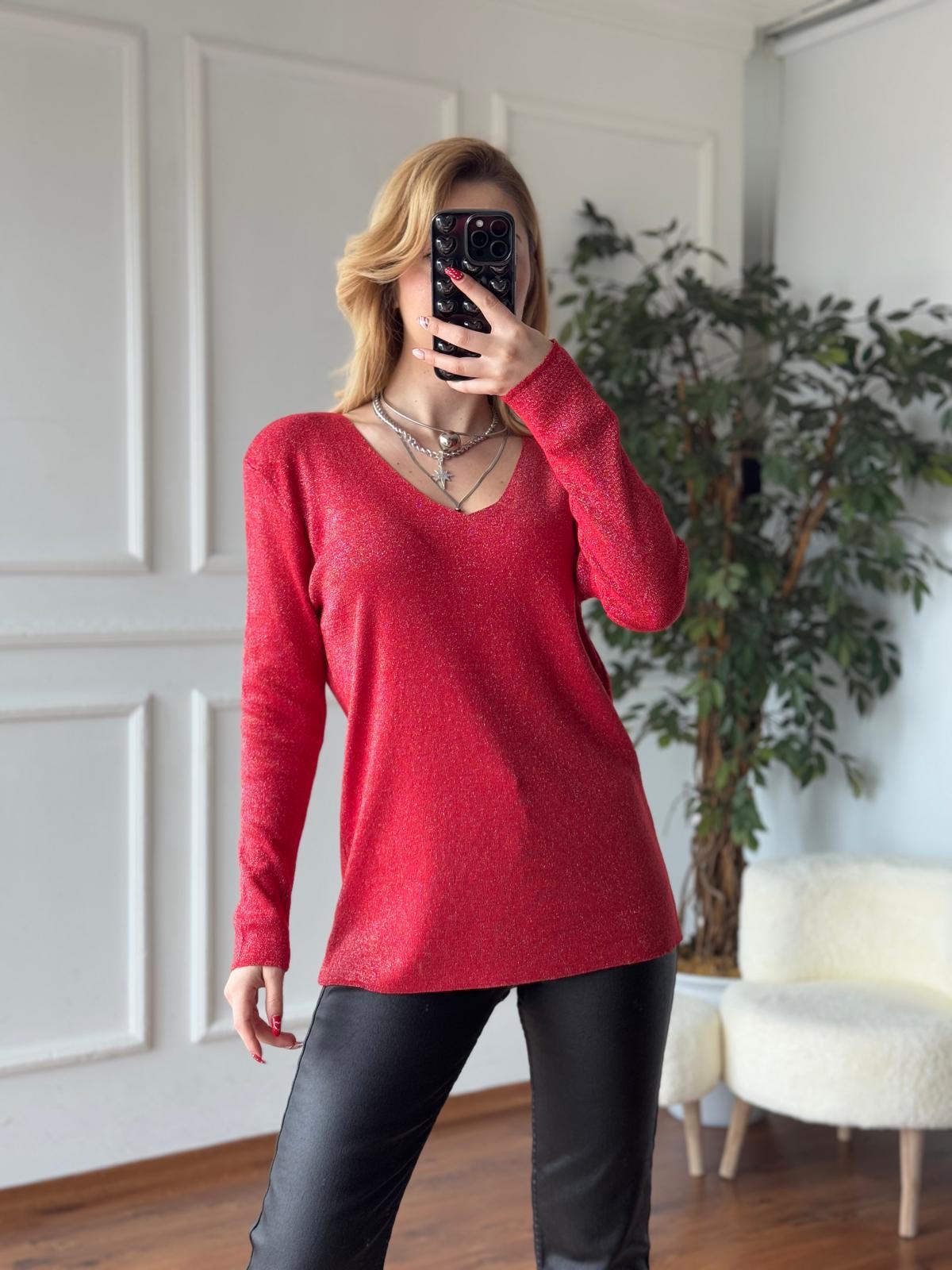 Selanik V Yaka Simli Bluz 1335 Kırmızı