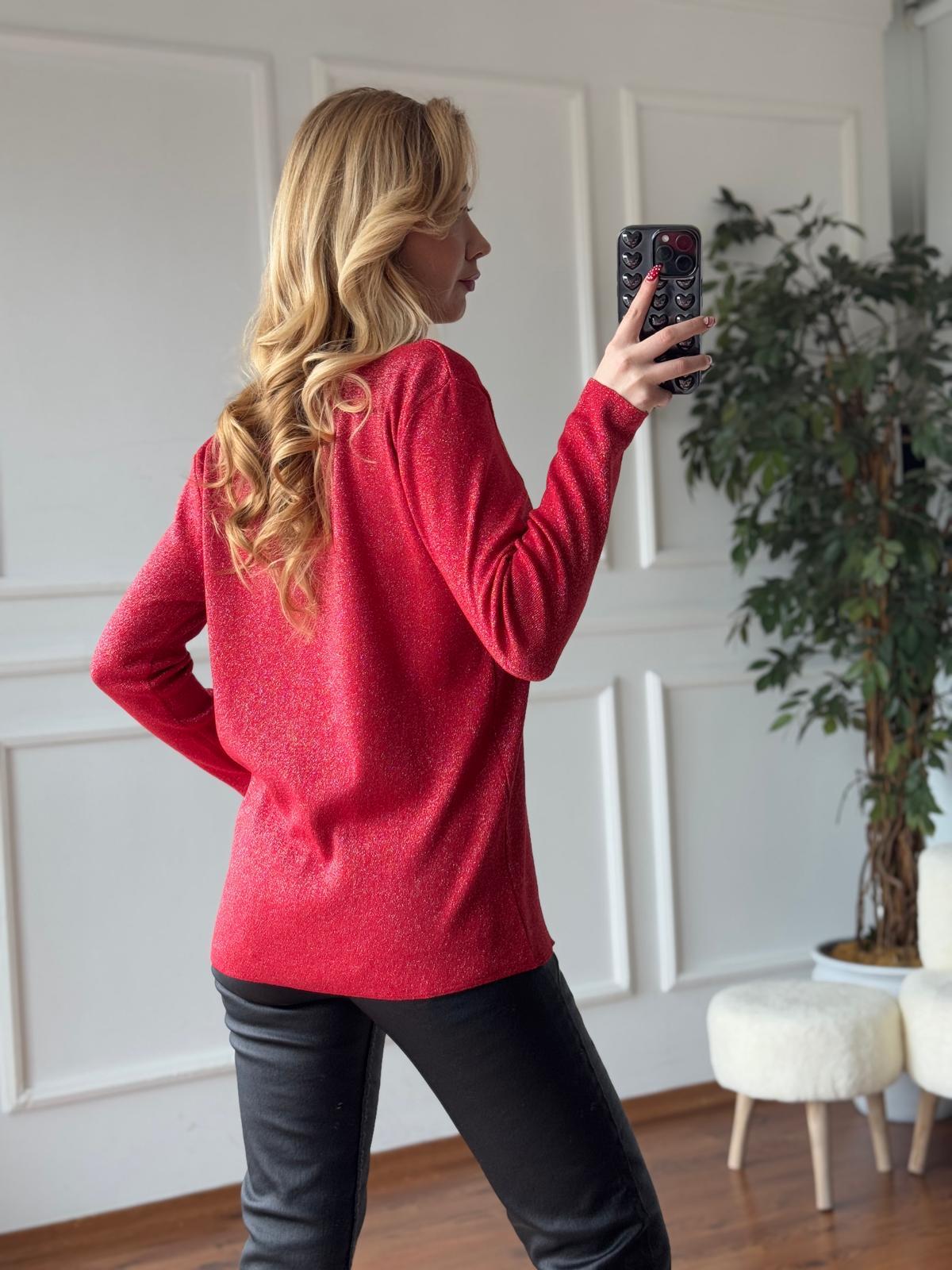 Selanik V Yaka Simli Bluz 1335 Kırmızı