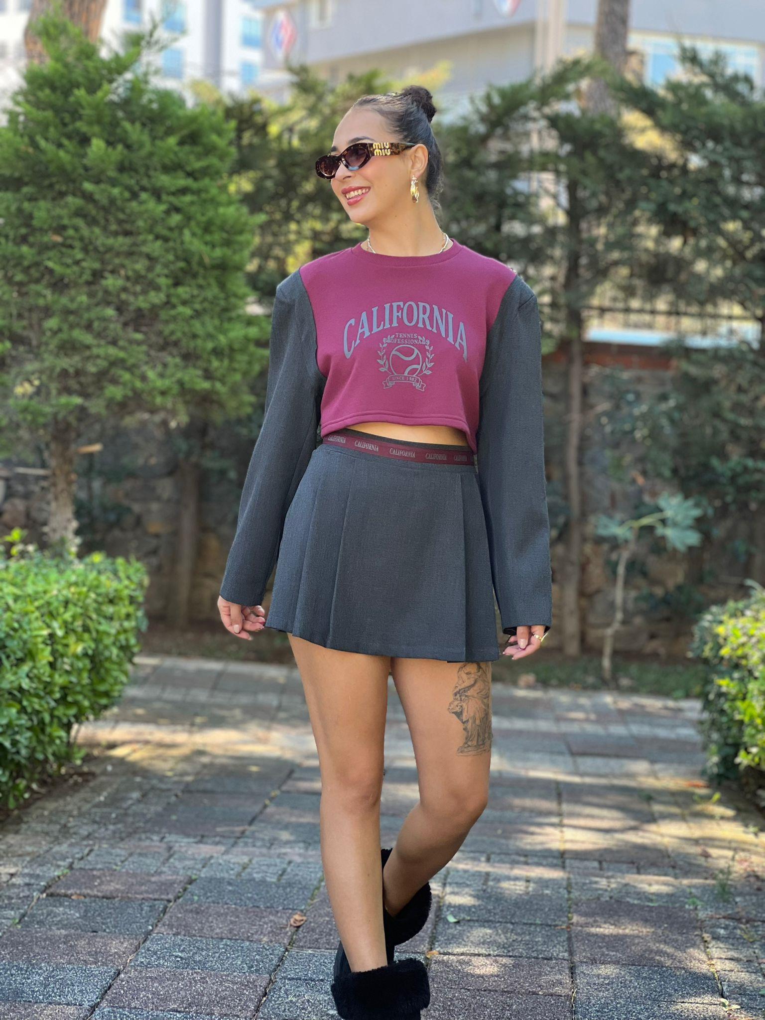 Şerit Bel Detaylı Pileli Mini Şort Etek 00794 Antrasit