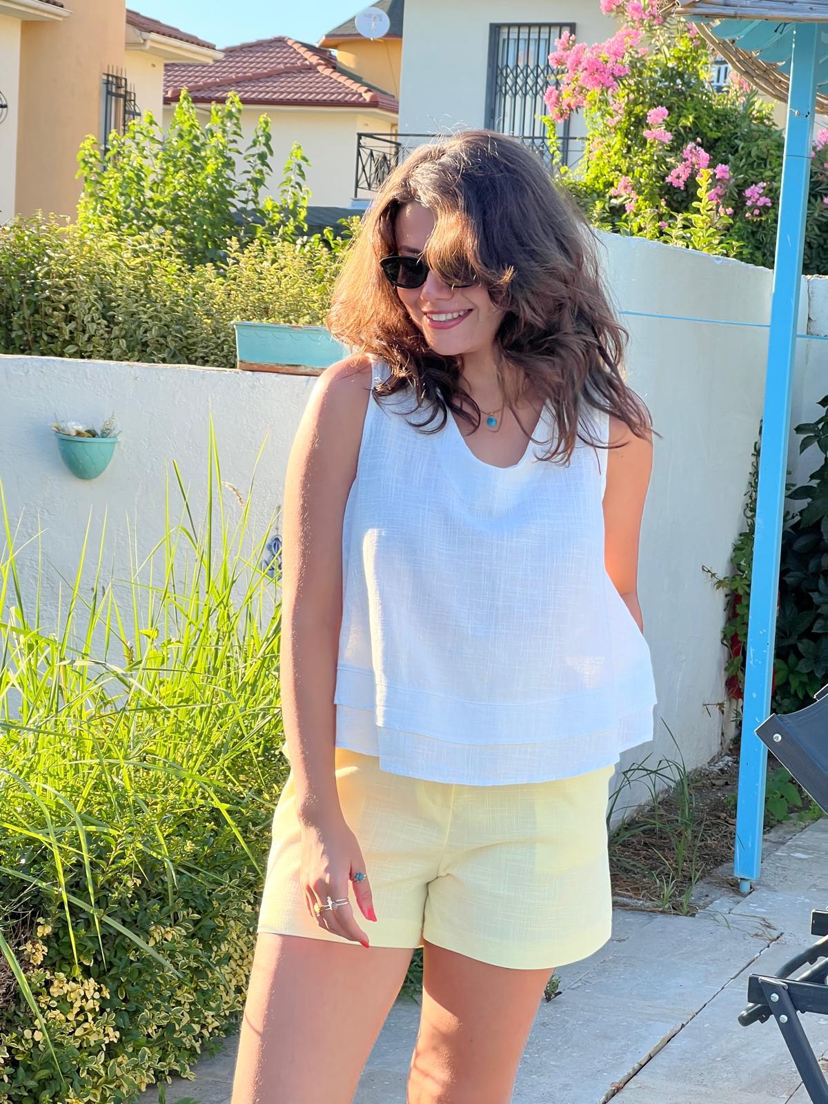 Sıfır Kol Keten Bluz 2446 Ekru