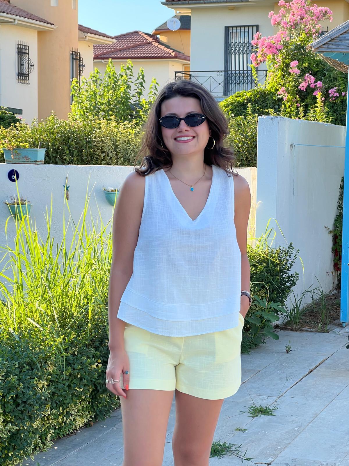 Sıfır Kol Keten Bluz 2446 Ekru