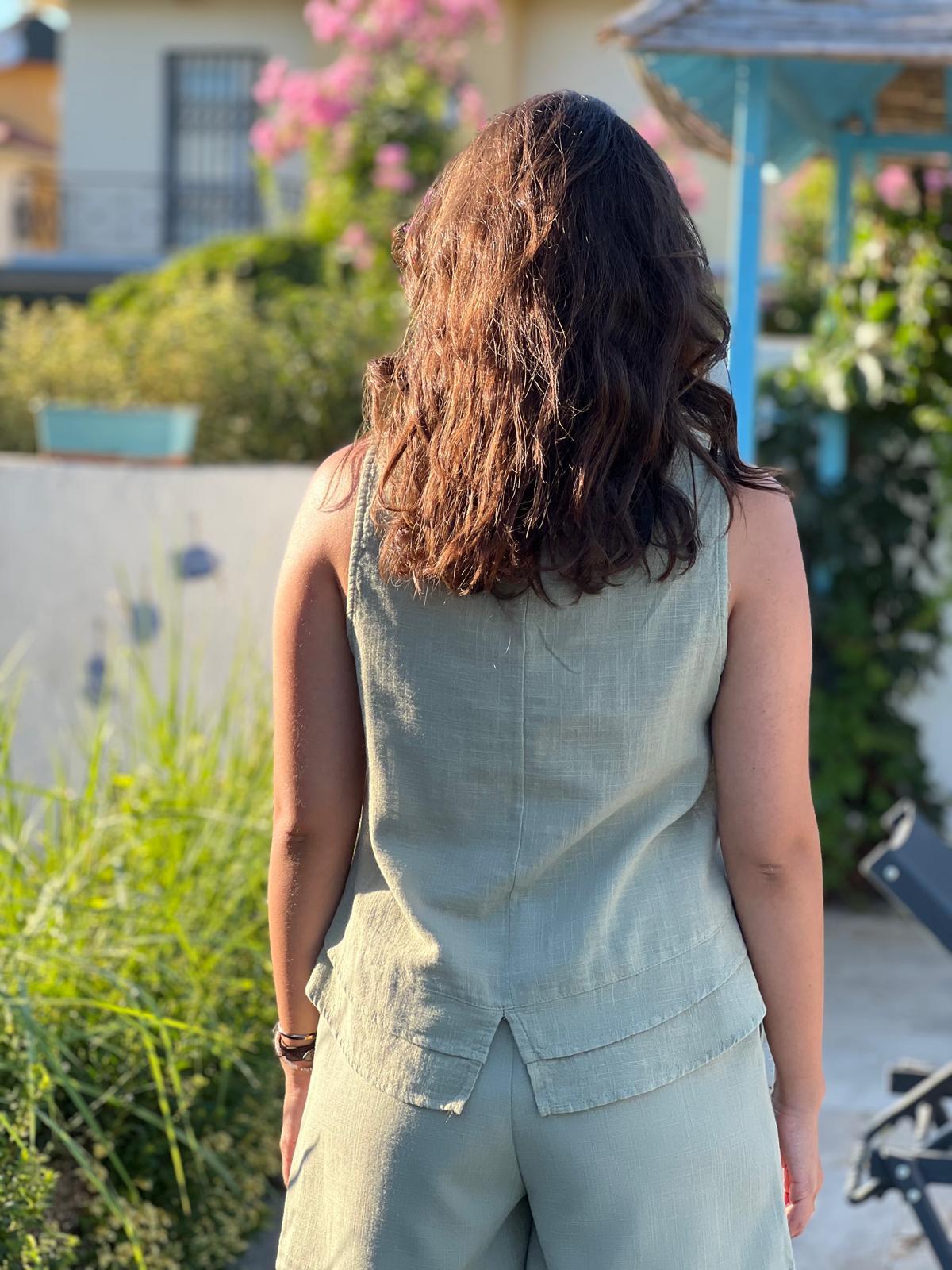 Sıfır Kol Keten Bluz 2446 Haki