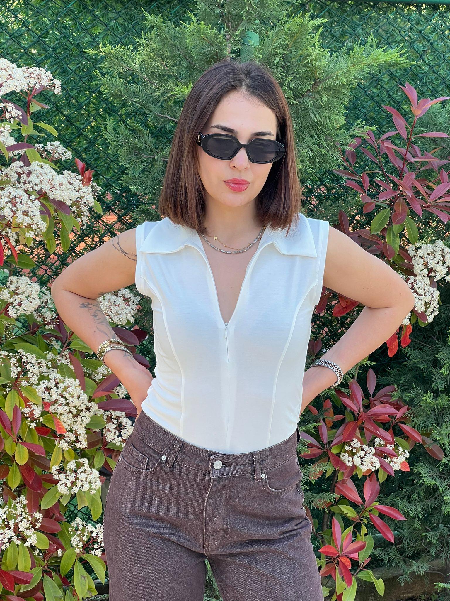 Sıfır Kol Polo Yaka Bluz 30964 Ekru
