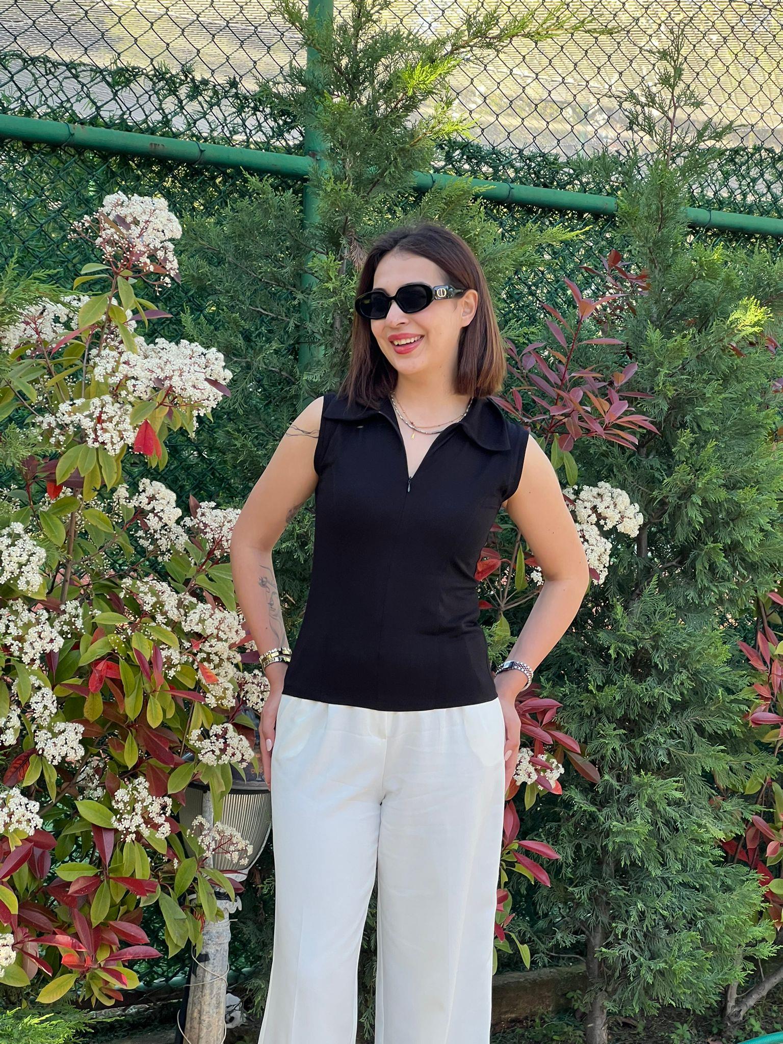Sıfır Kol Polo Yaka Bluz 30964 Siyah