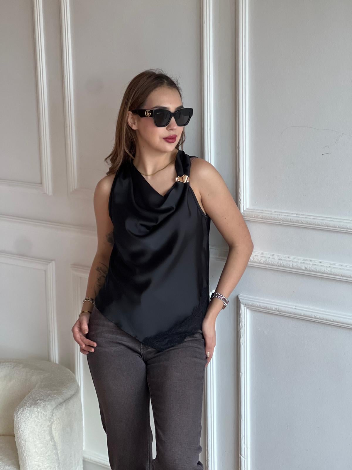 Sıfır Kol Saten Bluz 39351 Siyah