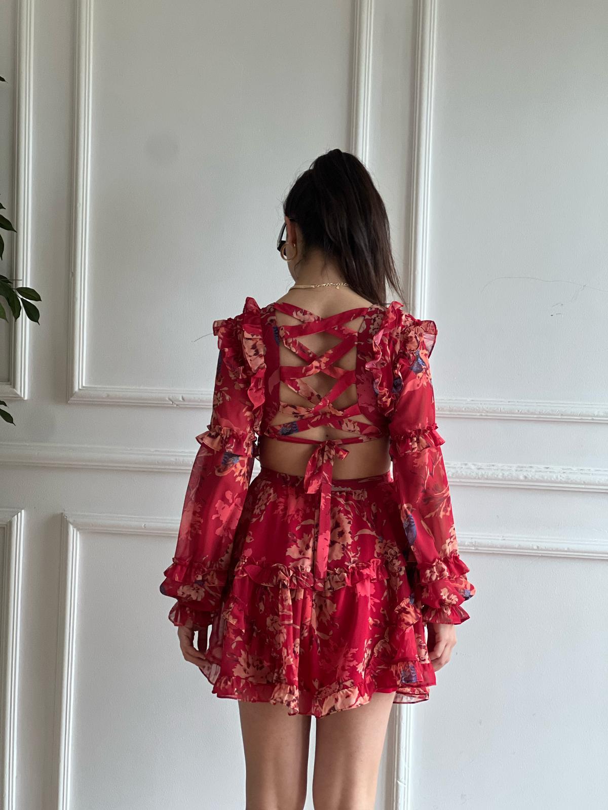 Sırt Çapraz Dekolte Çiçekli Elbise 00411 Kırmızı