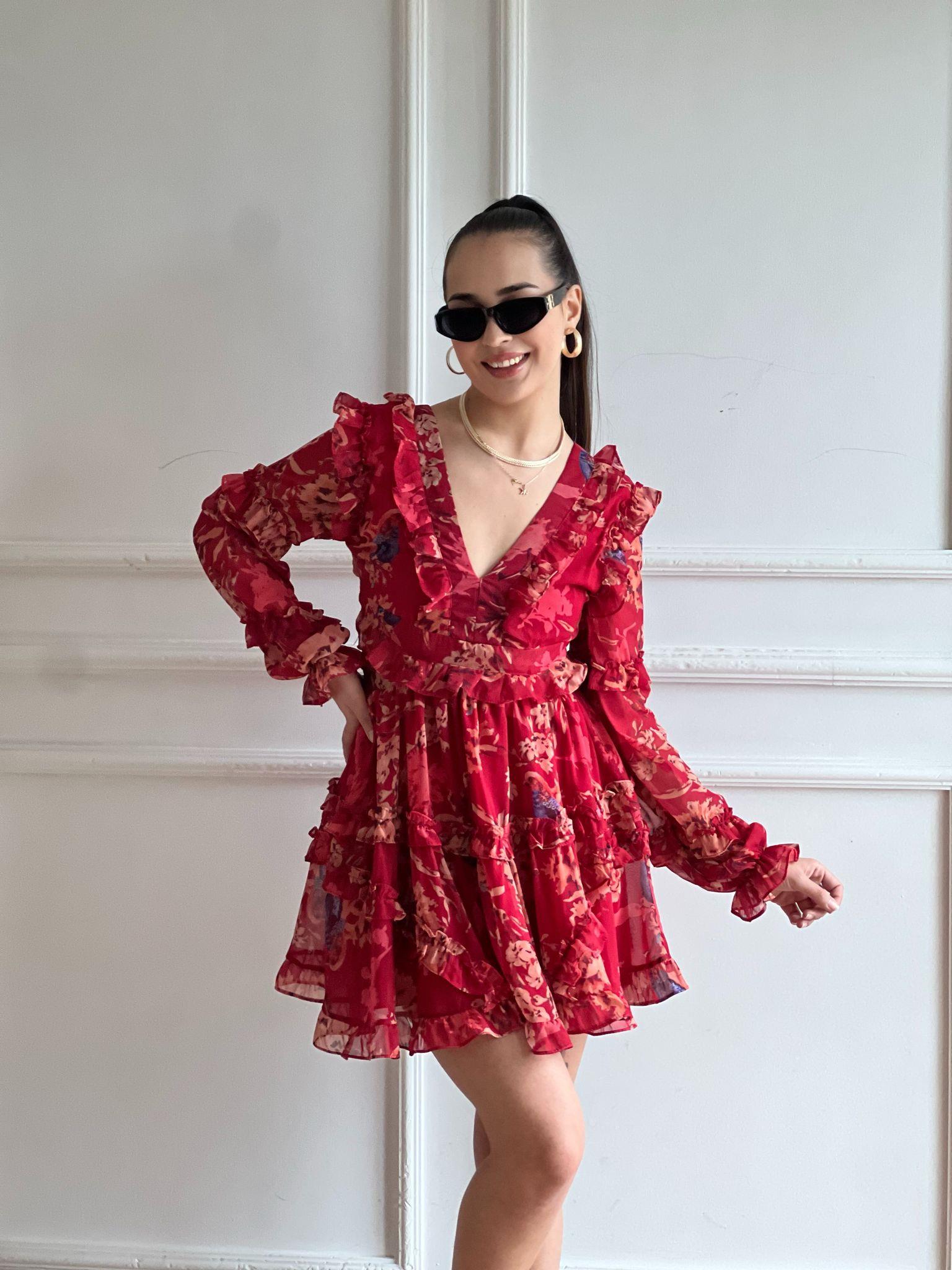 Sırt Çapraz Dekolte Çiçekli Elbise 00411 Kırmızı